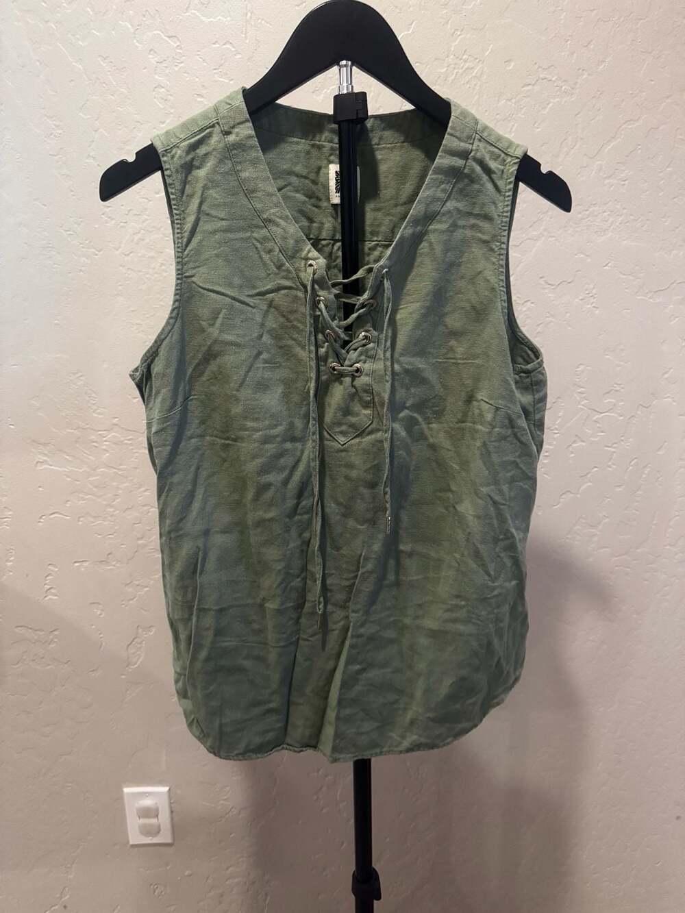 Anne Klein Olive Green Sleeveless Lace Up Linen Viscose Tunic Top Size M